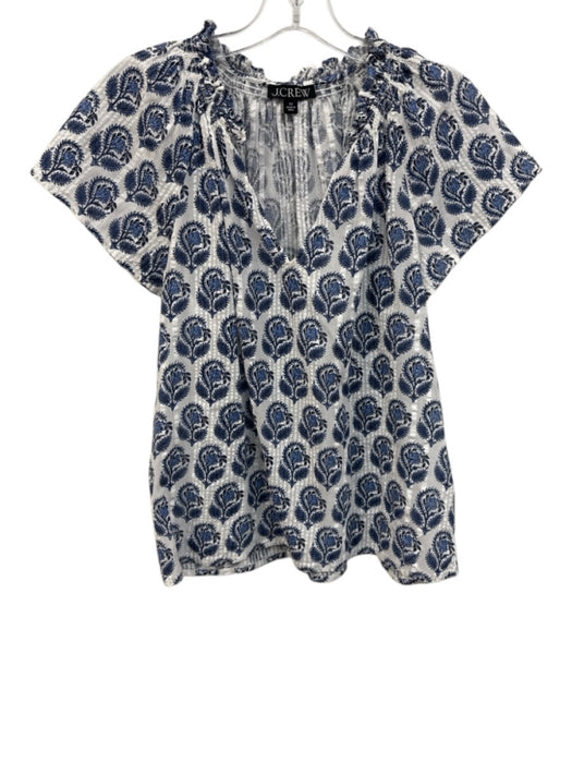 J.Crew Black Label Size XS Blue & White Cotton Ruffle V Neck Short Sleeve Top Blue & White / XS
