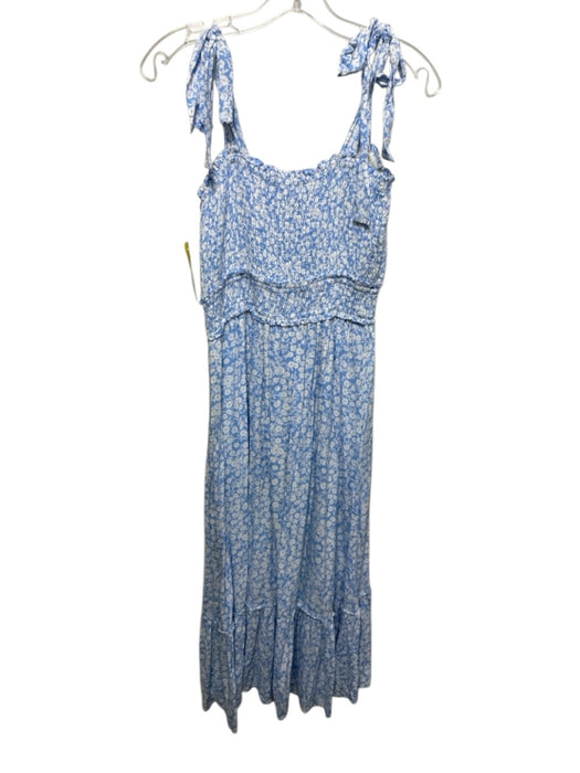 Lost + Wander Size S Blue & White Rayon Floral Tie Shoulder Smocked Bodice Dress Blue & White / S