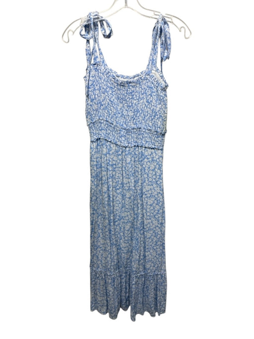Lost + Wander Size S Blue & White Rayon Floral Tie Shoulder Smocked Bodice Dress Blue & White / S