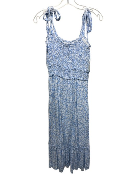 Lost + Wander Size S Blue & White Rayon Floral Tie Shoulder Smocked Bodice Dress Blue & White / S