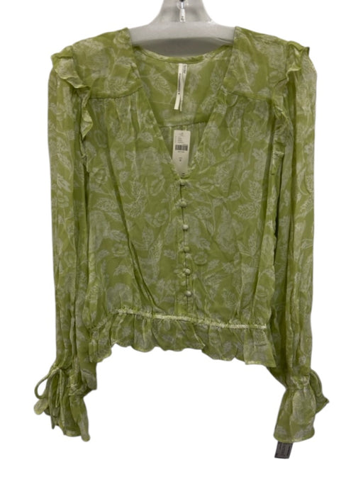 By Anthropologie Size M Green & White Viscose Semi Sheer Printed V Neck Top Green & White / M
