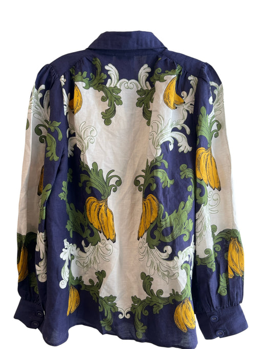 Farm Rio Size M Blue Green & White Linen & Viscose Button Down Collared Top Blue Green & White / M