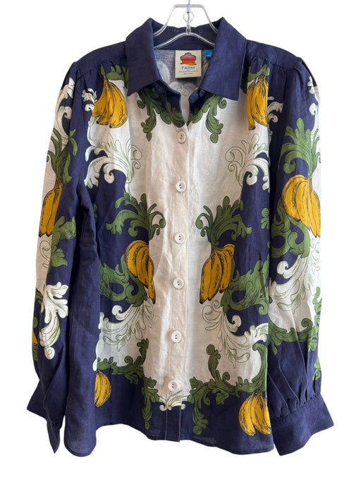 Farm Rio Size M Blue Green & White Linen & Viscose Button Down Collared Top Blue Green & White / M