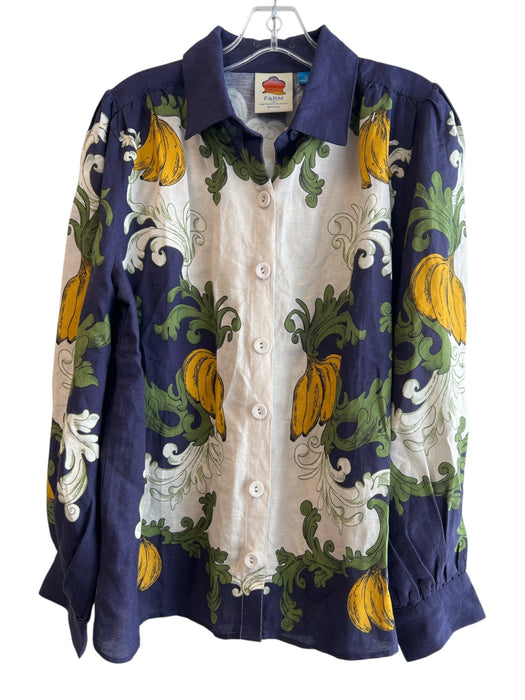 Farm Rio Size M Blue Green & White Linen & Viscose Button Down Collared Top Blue Green & White / M