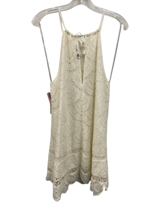 Lovers + Friends Size S Cream Cotton Eyelet Lace High Neck Tie Back Mini Dress Cream / S