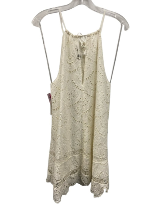 Lovers + Friends Size S Cream Cotton Eyelet Lace High Neck Tie Back Mini Dress Cream / S