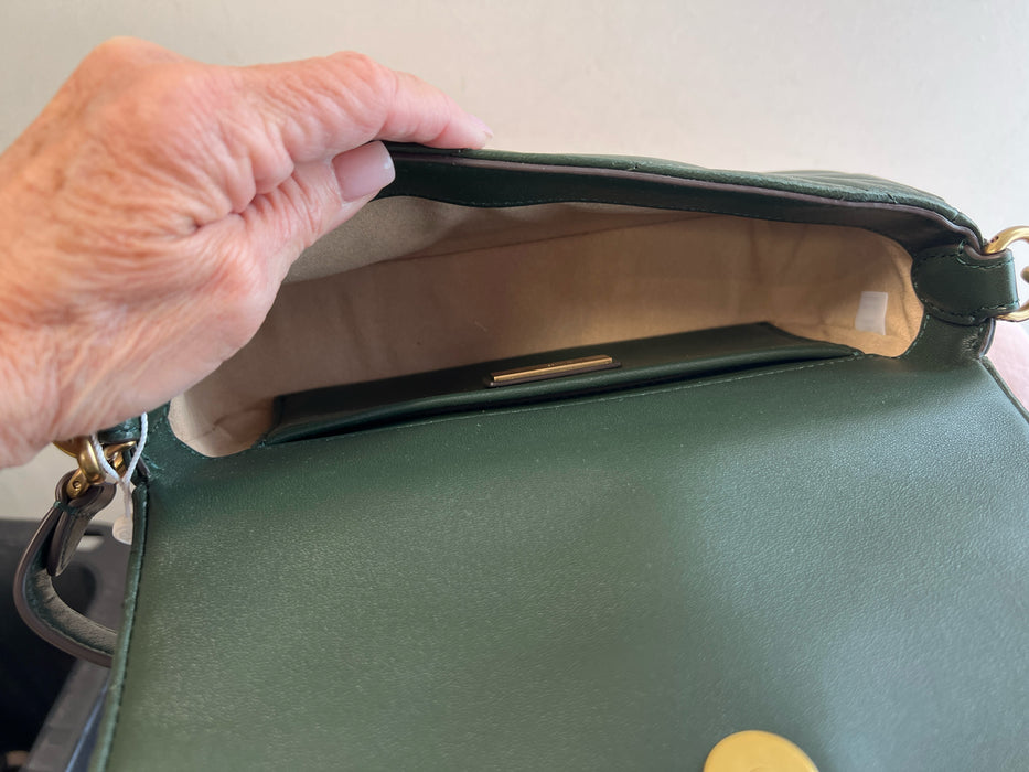 Tory Burch Army Green Leather Shoulder Bag Gold Hardware Logo Magnetic Clasp Bag