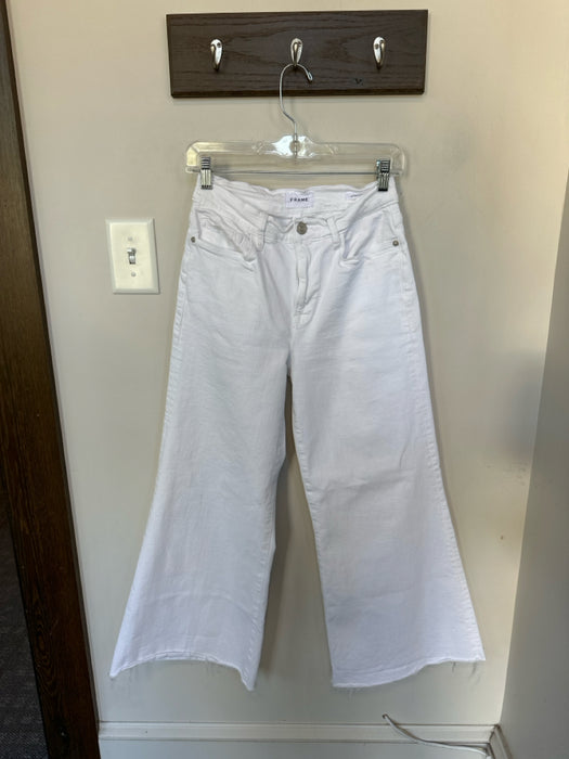 Frame Size 28 White Cotton Blend High Waist Wide Leg Raw Hem Jeans