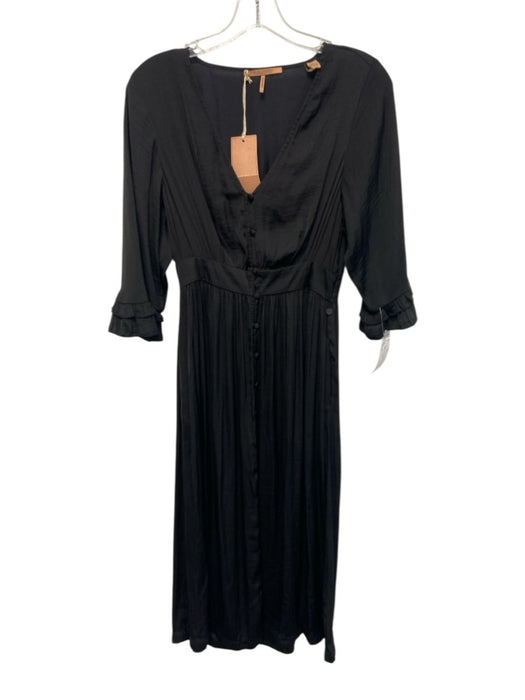 Scotch & Soda Size S Black Polyester 1/2 Bell Sleeve Buttons V Neck Midi Dress Black / S