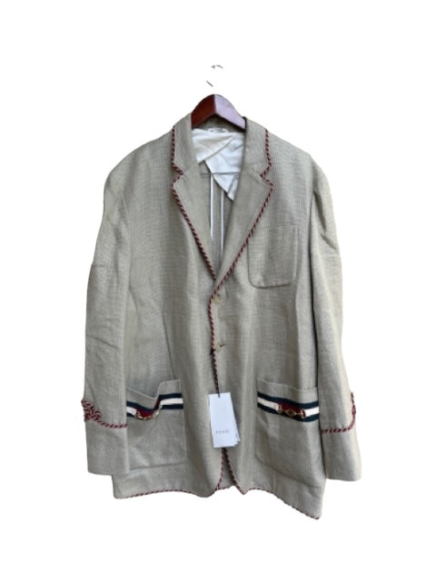 Gucci NWT Size 46 Beige & Red Linen Blend Two Button Piping Blazer Jacket 46