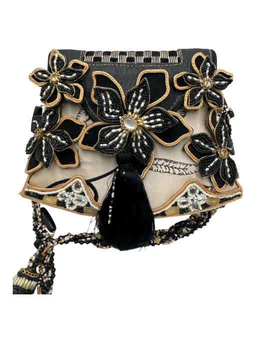 Mary Frances Beige & Black Floral Application Beaded Shoulder Bag flap Bag Beige & Black / S