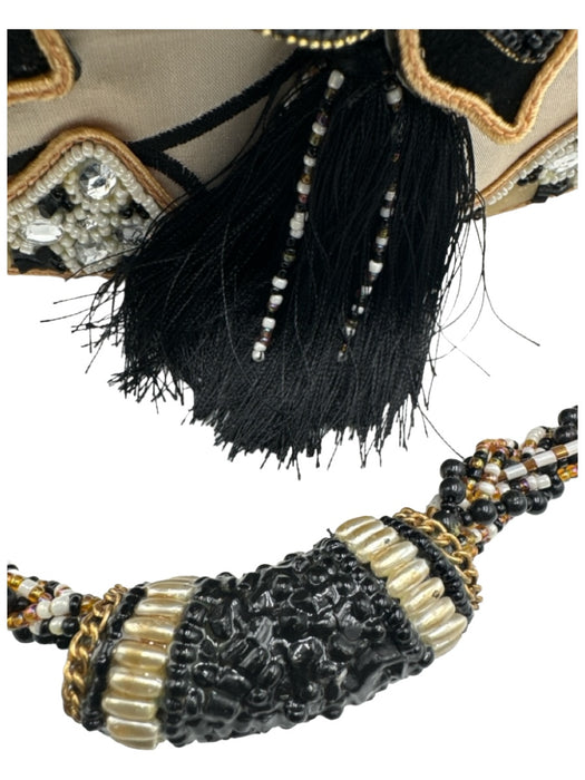 Mary Frances Beige & Black Floral Application Beaded Shoulder Bag flap Bag Beige & Black / S