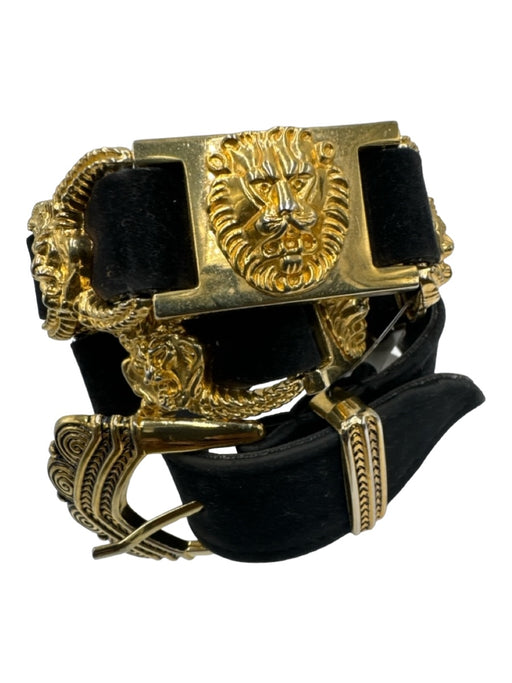 Black & Gold Faux Leather Lion Head Gold Buckle Metal Accent Belts Black & Gold / M