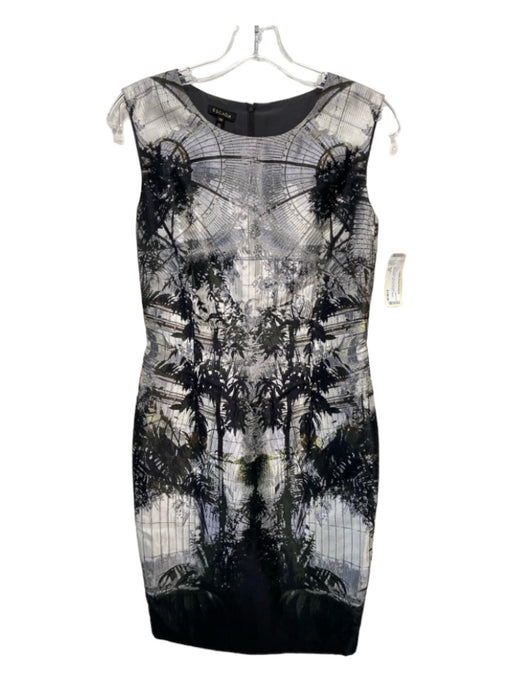 Escada Size 36 Gray & Black Silk Round Neck Sleeveless Tree Print Sheath Dress Gray & Black / 36