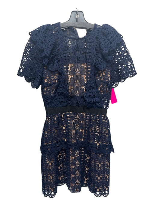 Self Portrait Size 4 Navy & Black Polyester Short Sleeve Scallop Detail Dress Navy & Black / 4
