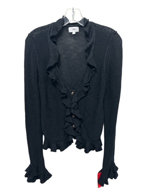 LPA Size L Black Cotton Blend Open Knit Button Up Ruffle Detail Sweater Black / L
