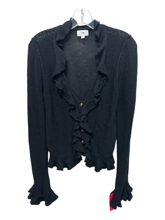 LPA Size L Black Cotton Blend Open Knit Button Up Ruffle Detail Sweater Black / L