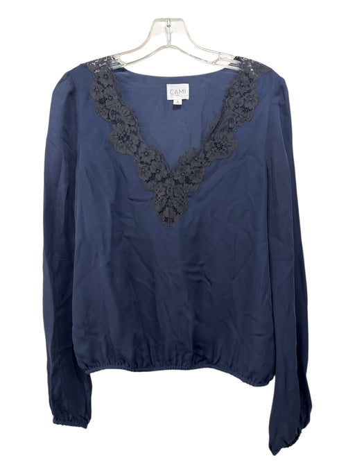 Cami Size M Navy & Black Silk Long Sleeve V Neck Lace Elastic Waist Top Navy & Black / M