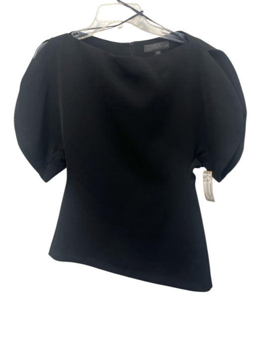Zara Size M Black Polyester Boat Neck Split Sleeve Asymmetric Hem Back Zip Top Black / M