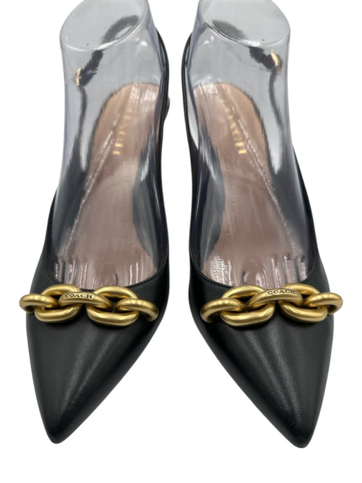Coach Shoe Size 8.5 Black & Brass Leather Pointed Toe Midi Heel Chain Pumps Black & Brass / 8.5