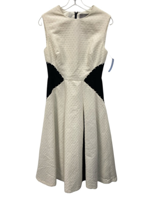 Lela Rose Size 8 Cream & Black Cotton Blend Dotted Pleated Faux Pearl Midi Dress Cream & Black / 8