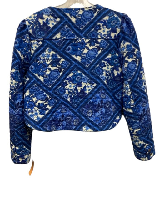 7 For All Mankind Size L Blue & White Cotton Zip Front Quilted Floral Jacket Blue & White / L