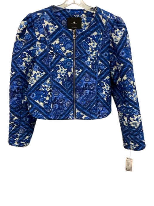 7 For All Mankind Size L Blue & White Cotton Zip Front Quilted Floral Jacket Blue & White / L