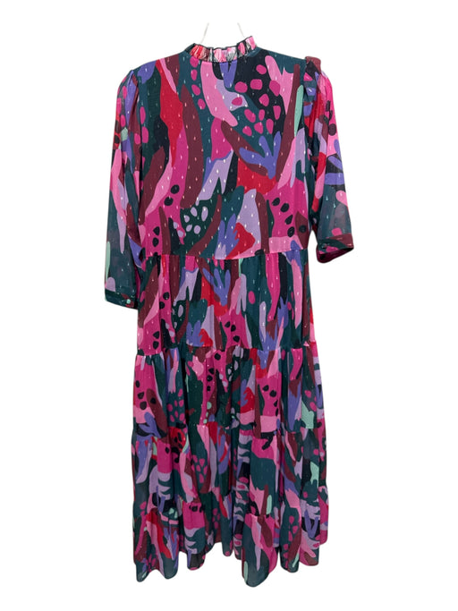 Crosby Size XS Teal, Pink, Purple Polyester Abstract Tiered Skirt Midi Dress Teal, Pink, Purple / XS