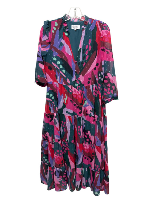 Crosby Size XS Teal, Pink, Purple Polyester Abstract Tiered Skirt Midi Dress Teal, Pink, Purple / XS