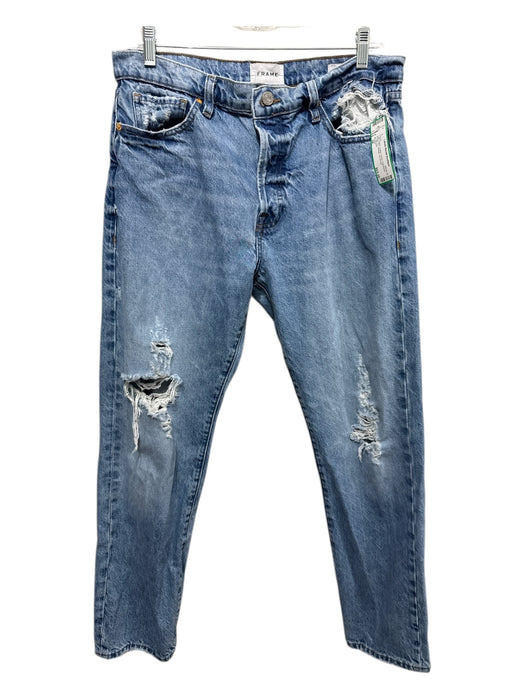 Frame Size 28 Light Wash Cotton Denim Distressed Button Fly Straight Jeans Light Wash / 28