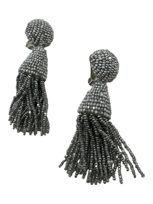 Oscar de la Renta Silver Beaded Tassel Dangle Clip On Earrings Silver