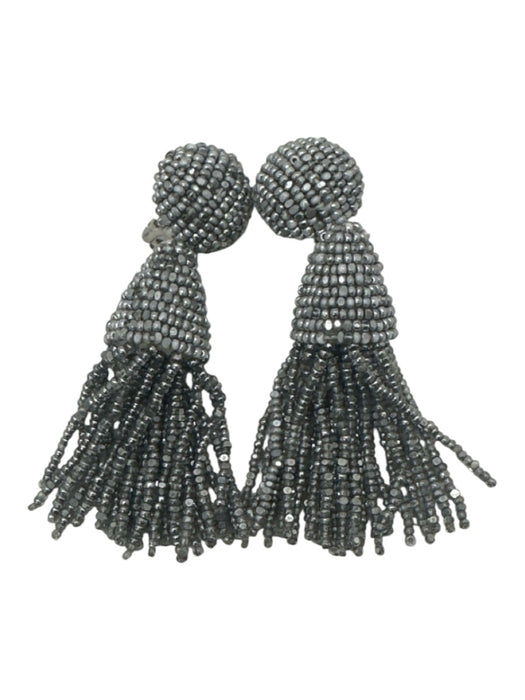 Oscar de la Renta Silver Beaded Tassel Dangle Clip On Earrings Silver