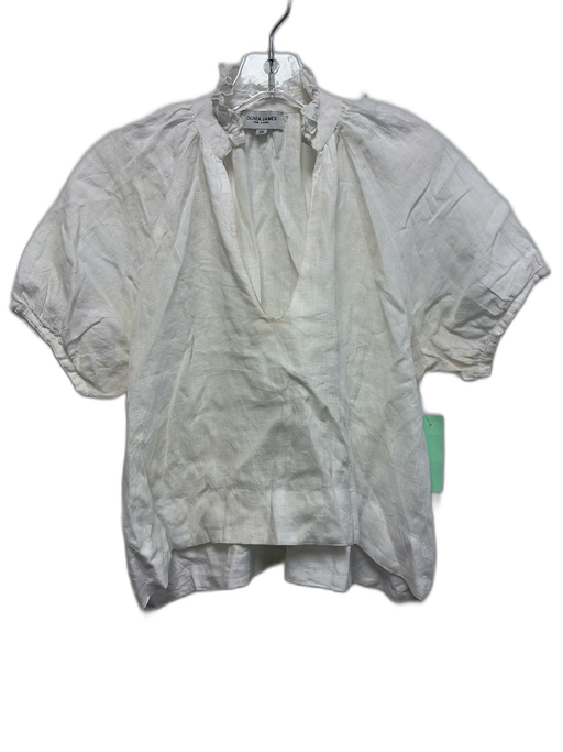 Olivia James Size XS White Linen Short Balloon Sleeve V Neck Ruffle Neck Top White / XS
