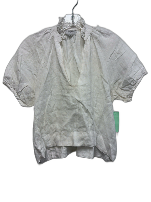 Olivia James Size XS White Linen Short Balloon Sleeve V Neck Ruffle Neck Top White / XS