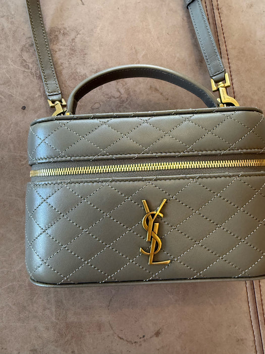 Saint Laurent Taupe & Gold Leather Zip Close Quilted Logo Crossbody Strap Bag