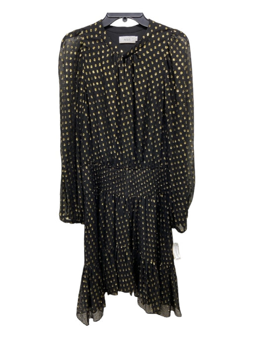 A.L.C. Size 10 Black & Gold Silk Smocked Waist Band Metallic Thread V Neck Dress Black & Gold / 10