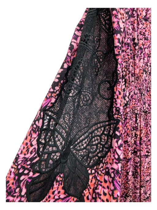 Ungaro Size M Pink & Black Viscose Blend V Neck Long Sleeve Lace Detail Dress Pink & Black / M