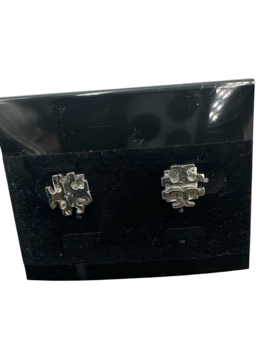 Tory Burch Silver Tone Metal Logo Stud Post Back Earrings Silver Tone