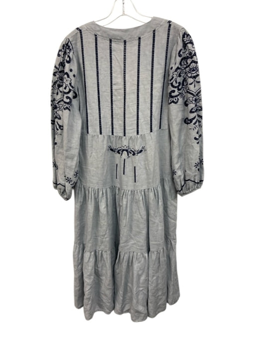 Greek Archaic Kori Size S Gray Blue Linen Long Balloon Sleeve Tie V Neck Dress Gray Blue / S