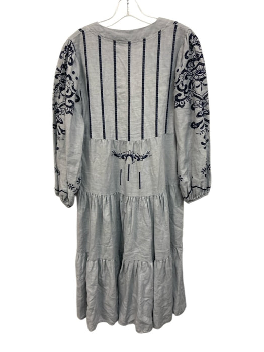 Greek Archaic Kori Size S Gray Blue Linen Long Balloon Sleeve Tie V Neck Dress Gray Blue / S