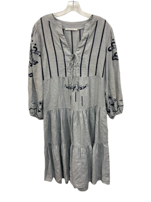Greek Archaic Kori Size S Gray Blue Linen Long Balloon Sleeve Tie V Neck Dress Gray Blue / S