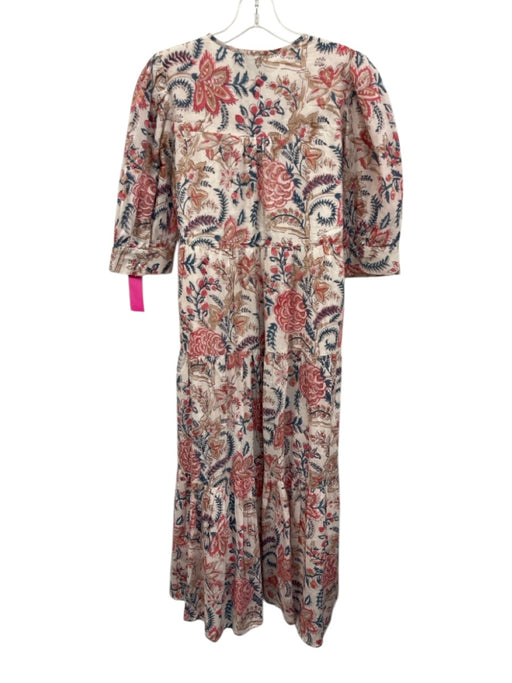 Madison Mathews Size XS White, Pink & Blue Cotton Botanical V Neck Tiered Dress White, Pink & Blue / XS