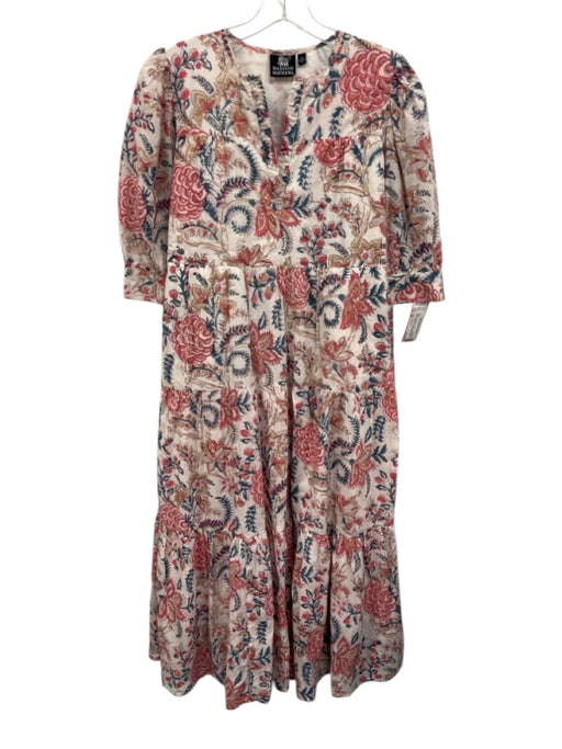 Madison Mathews Size XS White, Pink & Blue Cotton Botanical V Neck Tiered Dress White, Pink & Blue / XS