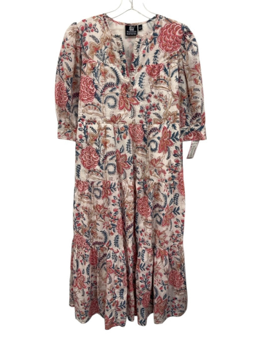 Madison Mathews Size XS White, Pink & Blue Cotton Botanical V Neck Tiered Dress White, Pink & Blue / XS