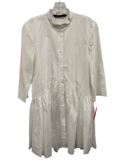 Zara Woman Size XS White Cotton 3/4 Sleeve Button Front Mandarin Collar Dress White / XS