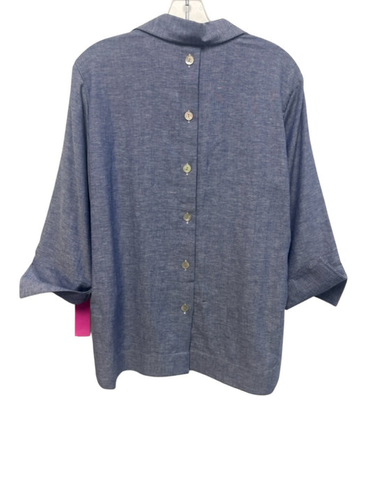 Hinson Wu Size 4 Blue Linen Blend Herringbone 3/4 Sleeve Quarter Button Top Blue / 4