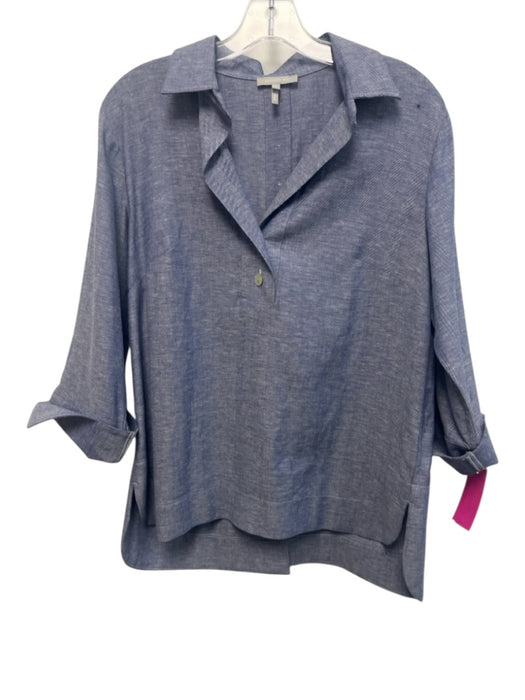 Hinson Wu Size 4 Blue Linen Blend Herringbone 3/4 Sleeve Quarter Button Top Blue / 4