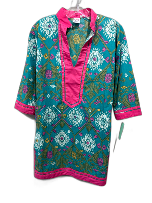 Sheridan French Size XS Pink, Blue, Green Cotton 1/2 Sleeve Abstract Print Dress Pink, Blue, Green / XS