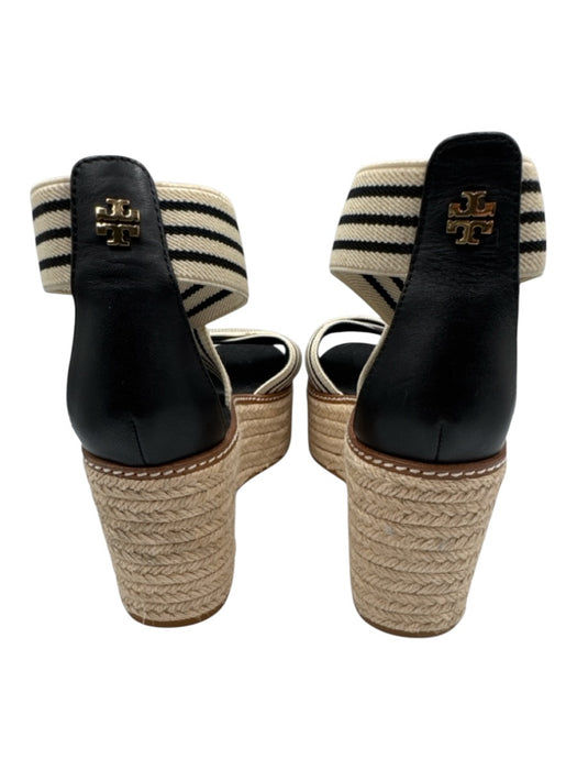 Tory Burch Shoe Size 9 White & Black Canvas Criss Cross Stripe Espadrille Wedges White & Black / 9