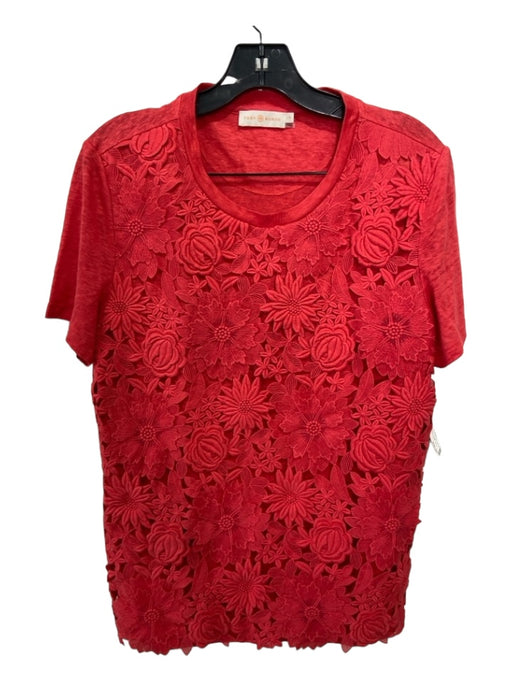 Tory Burch Size L Coral Red Linen & Cotton Floral Embroidered T Shirt Top Coral Red / L